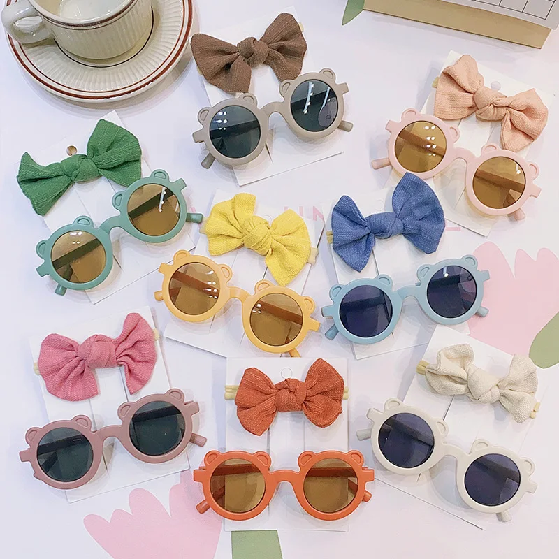 Kids Bow Hairband Glasses Set Solid Color Cute Summer Headband Sunglasses for Baby Girls Hair Accessories Gift 2Pcs