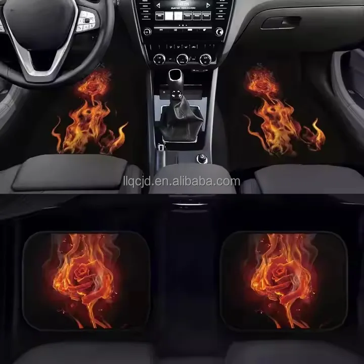 4PCS Luxury Full Set Custom Car Floor Mats Universal Shining Roses & Fire Pattern Print on Leather & Rubber for Toyota BMW Audi