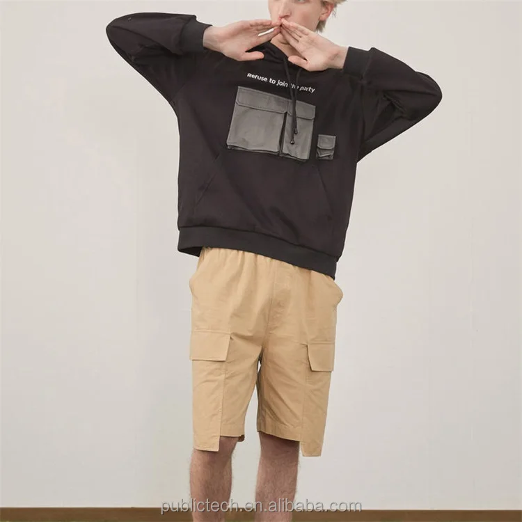 Custom 100% Cotton Draw String Kangaroo Pocket Embroidered Letter Logo Multi Pockets Cargo Color Blocked Men Hoodie