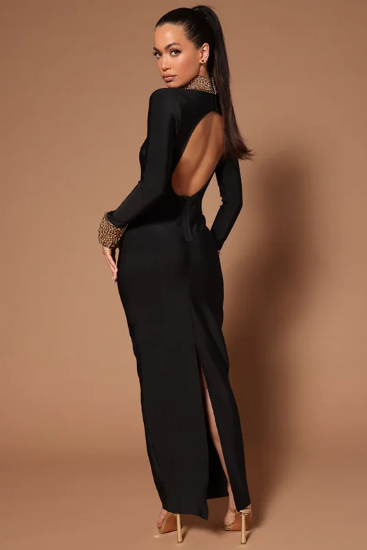 C3654  Popular Style Elegant Banquet Evening Dresses Black Long Sleeve Backless Luxury Beaded Bandage Bodycon Women Maxi Dresses
