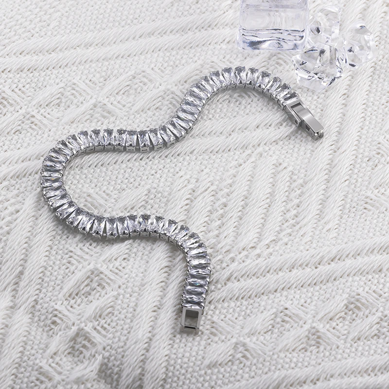 Women Luxury Jewelry Link White Zircon CZ Stone Iced Out Baguette Lab Grown Diamond Tennis Chain Bracelets For Women