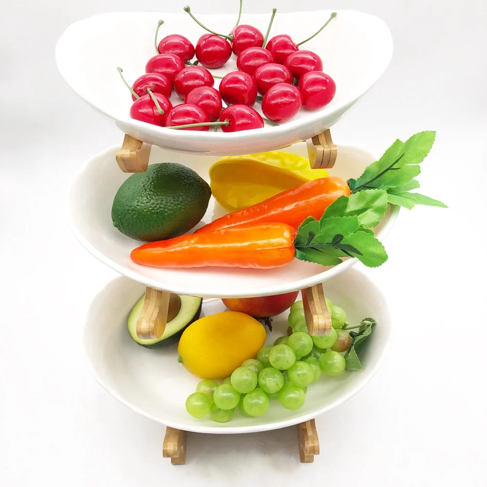
Custom Bamboo Fruit Basket Holder Vegetable Bread Storage Stand 3 Tier Standing Basket Organizer with 2 Banana Hooks 