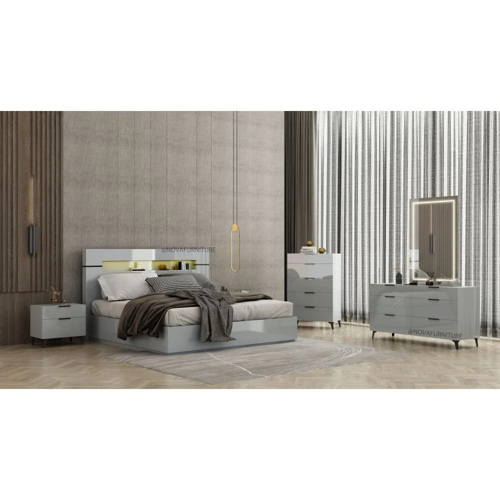 NOVA High Gloss LED Lights & Lift Storage Queen Bed Frame Queen Complete Bedroom Furniture Set Collection For Sale