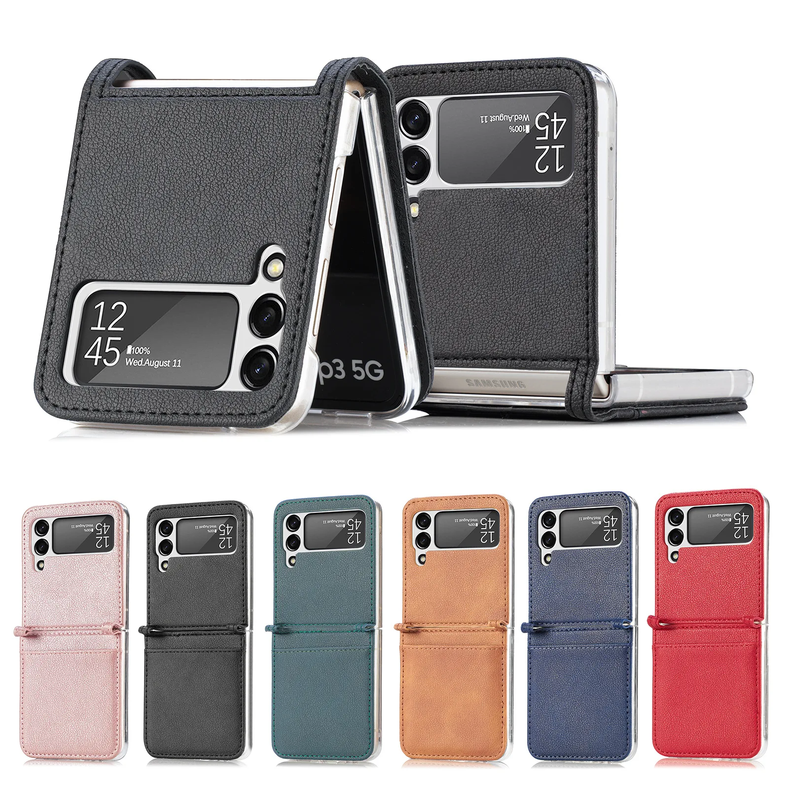 2 In 1 Card Holder Slot PU Leather Phone Case For Samsung Galaxy Z Flip 4 3 Case Shockproof Foldable Cellphone Protective Cover