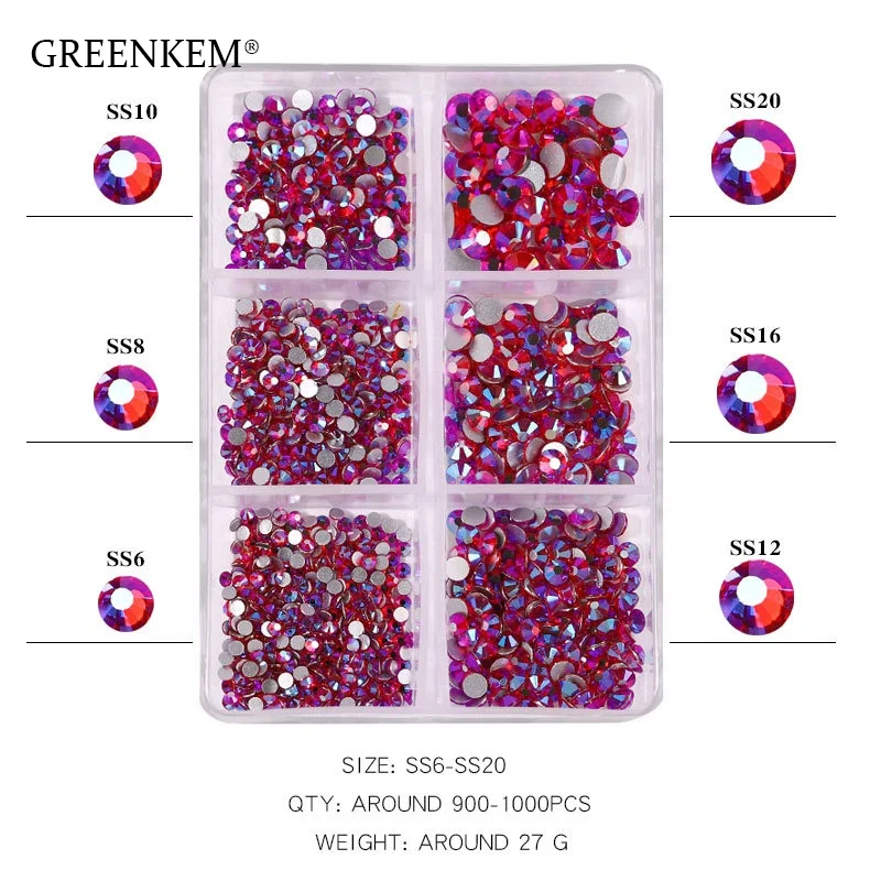GREENKEM Crystals Kinds Of Color Nail Rhinestone Flat Bottom Multi-size Crystals Strass Gem Nail Art 3D Decoration