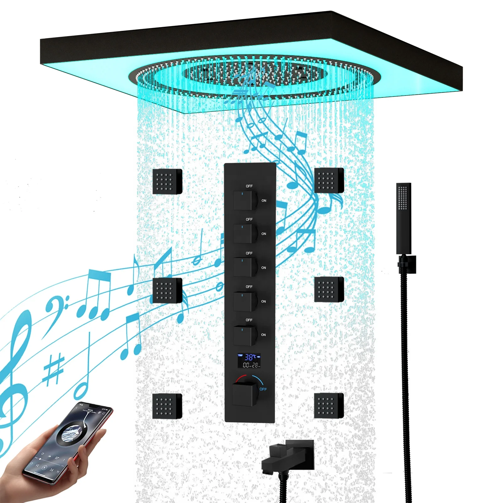 24 Inch LED Music Showerheads Bathroom Faucets Cold and Hot Digital Display Shower System Set Stainless Steel Shower Head