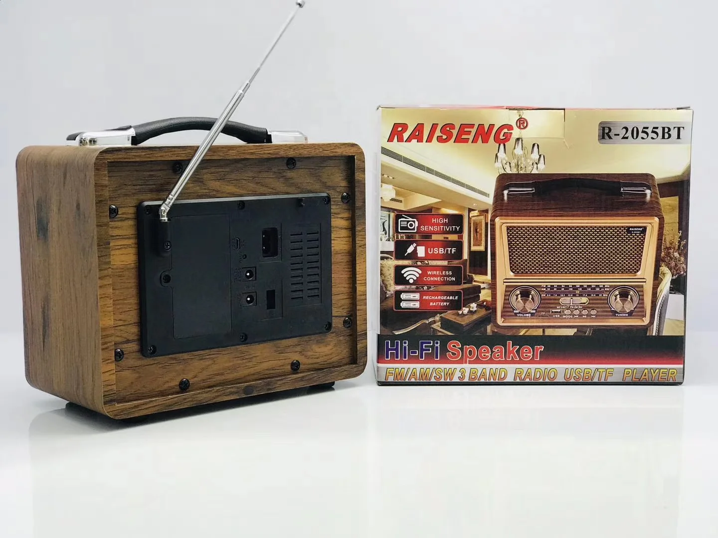  RAISENG R-2055BT FM AM SW 3 диапазона винтажное Ретро Радио перезаряжаемое радио с USB SD TF MP3-плеер