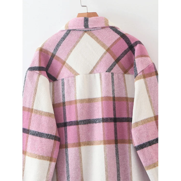 Women Fashion Lapel Collar Long Sleeve Loose Outerwear Vintage Stylish Pockets Oversized Plaid Jacket Coat