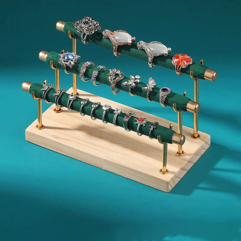 Three-Layer Solid Wood and Wrought Iron Ring Display Rack Jewelry Packaging & Display