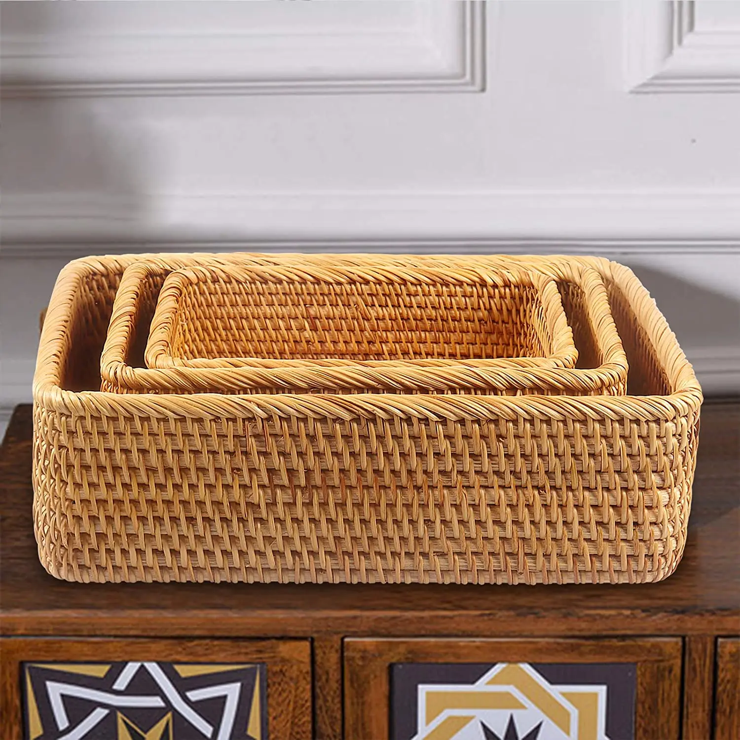 Wholesale High Quality Rattan Woven Baskets 100% Natural Handmade Woven Fruit Bread Rectangular Wicker Basket for Organizer