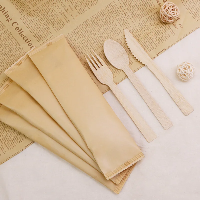 Eco-friendly disposable bamboo knife, fork and spoon cutlery wholesale steak knife, fork and chopsticks takeaway cutlery pack