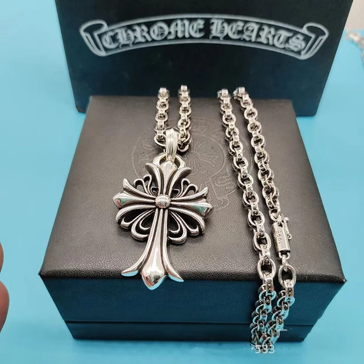 Vintage chrome heart necklace jewelry Cross pendant long cross double pendants retro Thai silver necklace for man