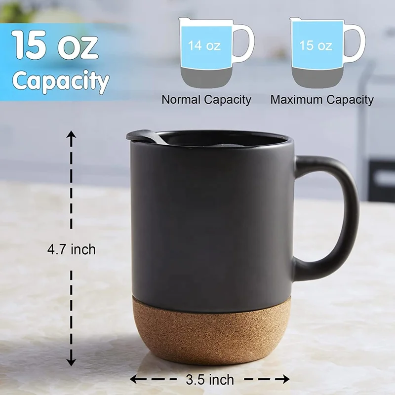 Wholesale Cork Base Ceramic Mugs High Quality Wooden Base Mugs 15oz Ceramic Mugs With Lids and Handle