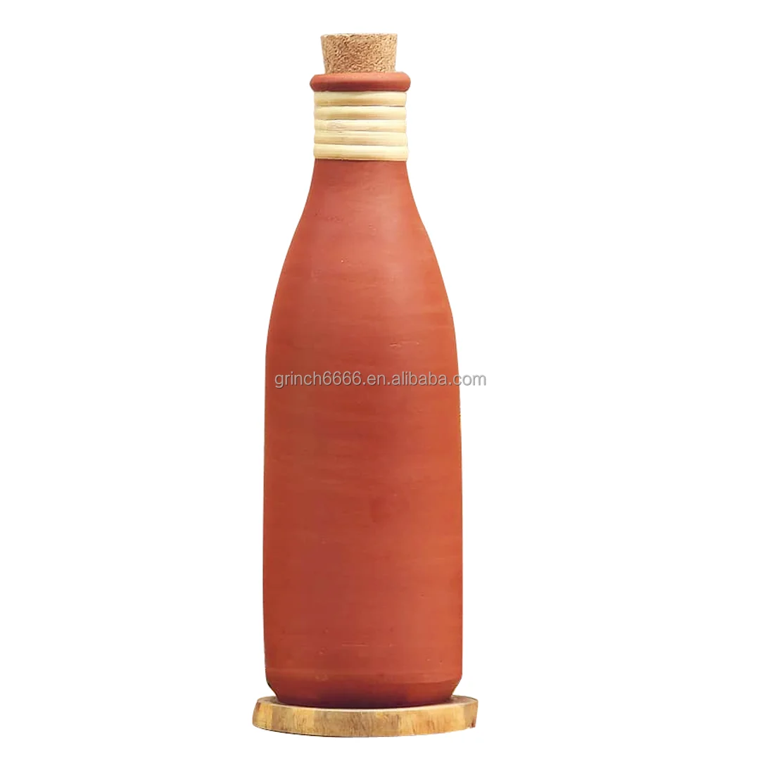 Custom handcrafted earthen glazed clay bottle Reusable Terracotta Clay Water Bottle Ceramic Clay Water Container With Cup