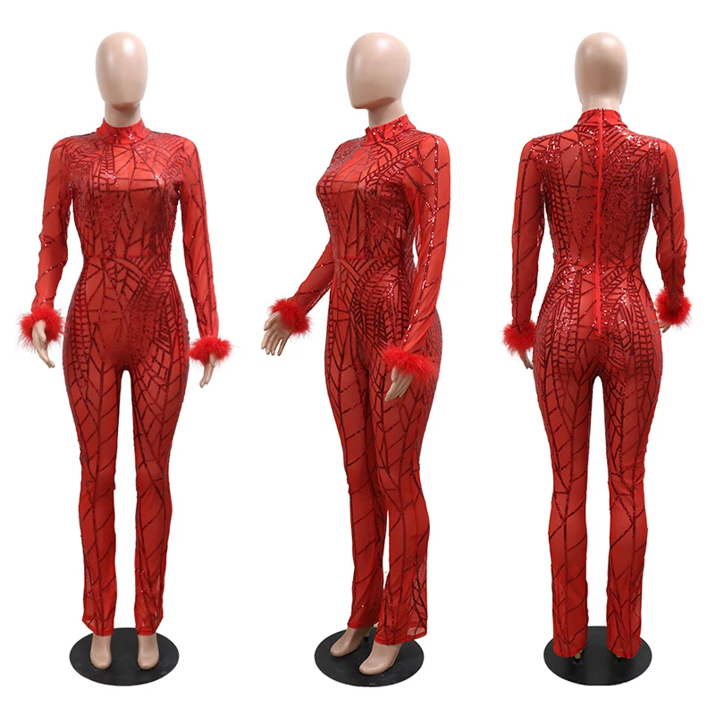 CY900992 Spider Araneose Pattern Jumpsuit Mesh See Through Long Sleeve Night Club Skinny One Piece Jumpsuits