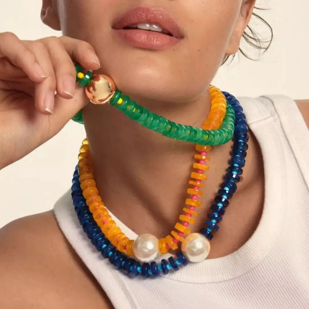 Yellow green blue flat garden bead clavicle chain small pink bead septum pearl pendant small stack wear rosary necklace