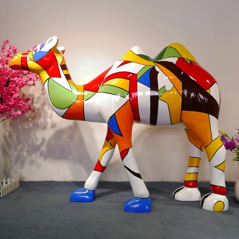 Outdoor animal sculpture garden zoo fiberglass resin life-size painted colour camel statue popular decorations
