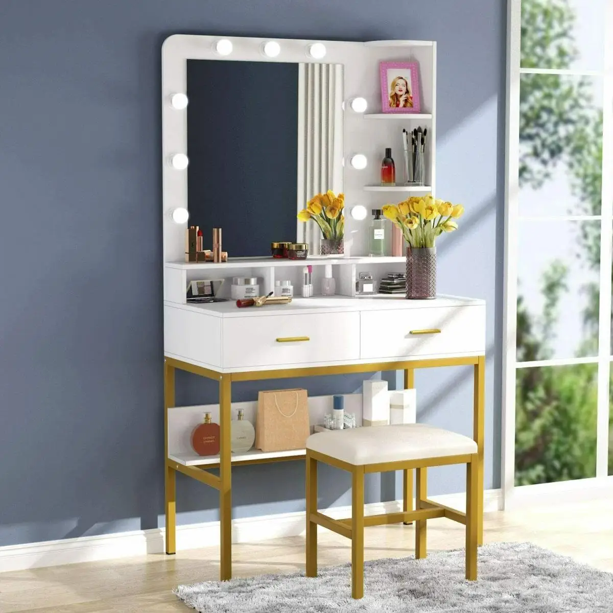 White Double Drawer Multi-Compartment Space With Square Mirror and Stool Dressing Table