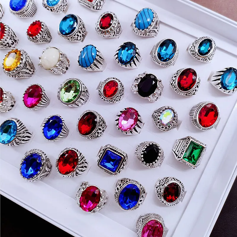 100PCS/Box Mix Style Silver Plated Gemstone Band Ring For Men Vintage Jewelry Geometric Engraved Colored Diamond Knuckle Rings