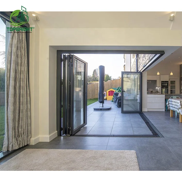 Topbright storefront double glass fold door heat insulation exterior patio bi fold doors with screen