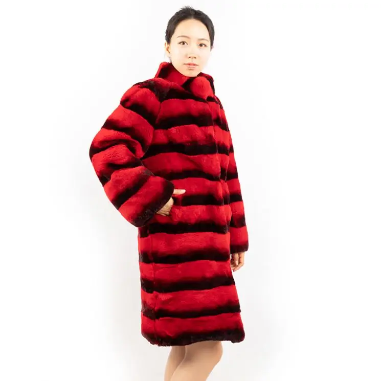 DH IATOYW hot style red color stand collar fur overcoat 90cm long winter warm women rex rabbit fur coat