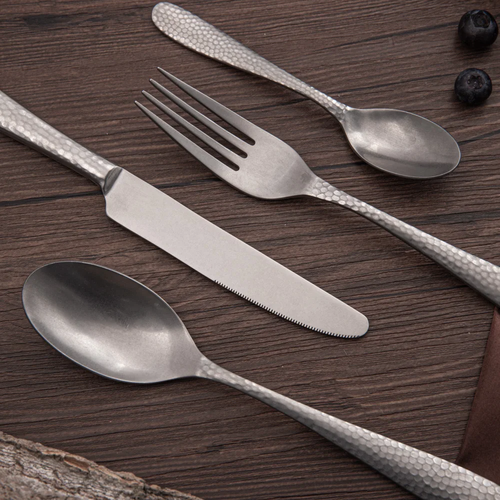 China made bulk custom logo vintage stainless steel flatware antique pewter color hotel grade cutlery set product