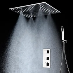 Luxury Bathroom 3 Function Thermostatic Pattern Control Ceiling Mounted Rain Mist SPA Shower Head Handle shower Set