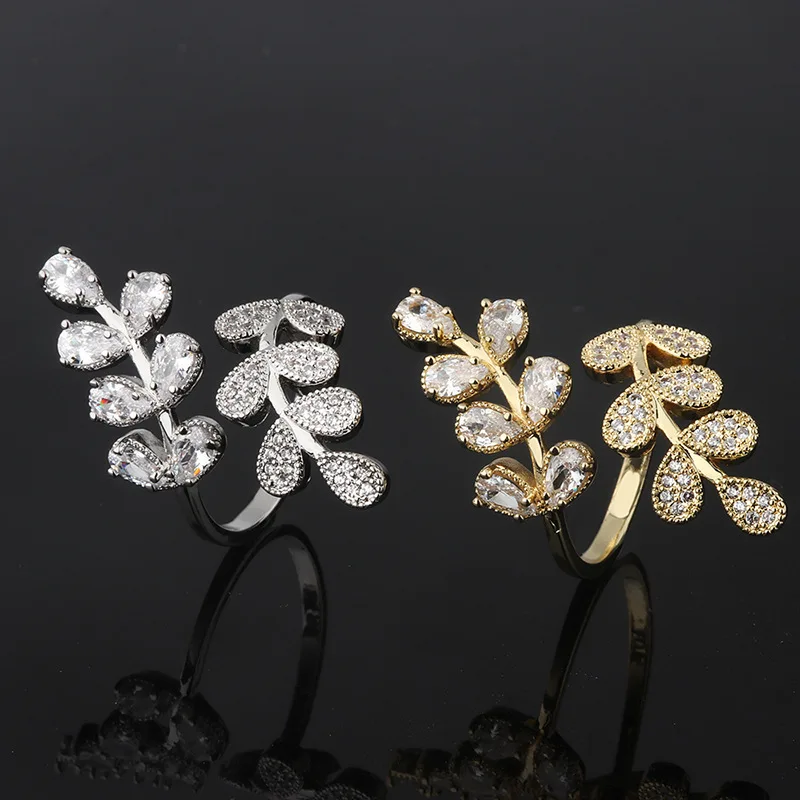  Diamond Vintage Leaves Shape Ring Women Daily Gift Zircon Prong Setting Brass Adjustable Iced Out High Quality Jewelry