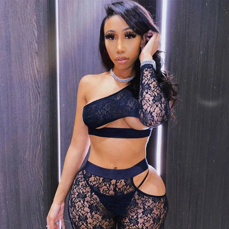 
2021 Sexy Women 2 Pieces Lace Lingerie Mesh Transparent Bra and Stockings Set Mature Ladies Underswear 
