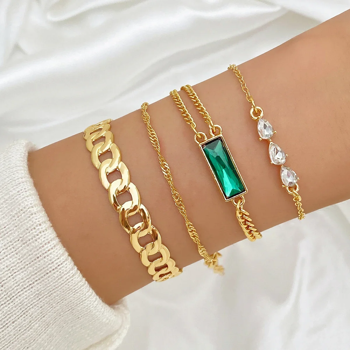4pcs Vintage Green Crystal Gold Bracelet for Women Men Multi-layer Diamond Chain Trendy Bangle Fashion Jewelry Gifts