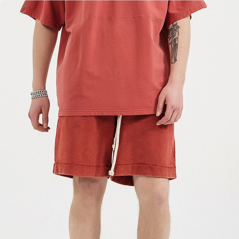 
Custom Blank Red French Terry Acid Washed Mens Sports Cotton Vintage Shorts 