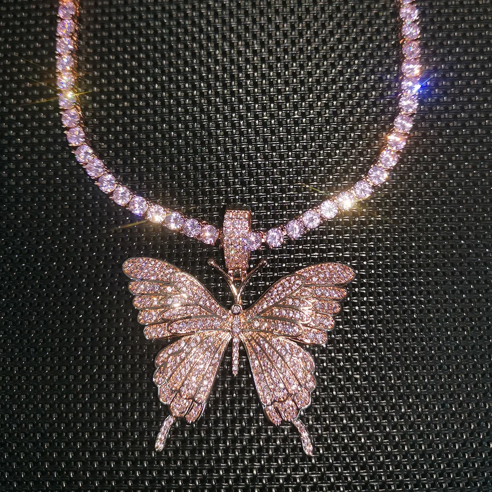 Pink color Small Cute Fine lovely butterfly necklace jewelry gift for girl hip hop iced out pink butterfly necklace