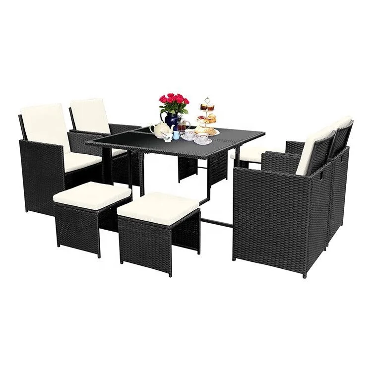 Набор из 9 плетеных обеденных принадлежностей для внутреннего дворика, уличный ротанговый стол и стулья для сада