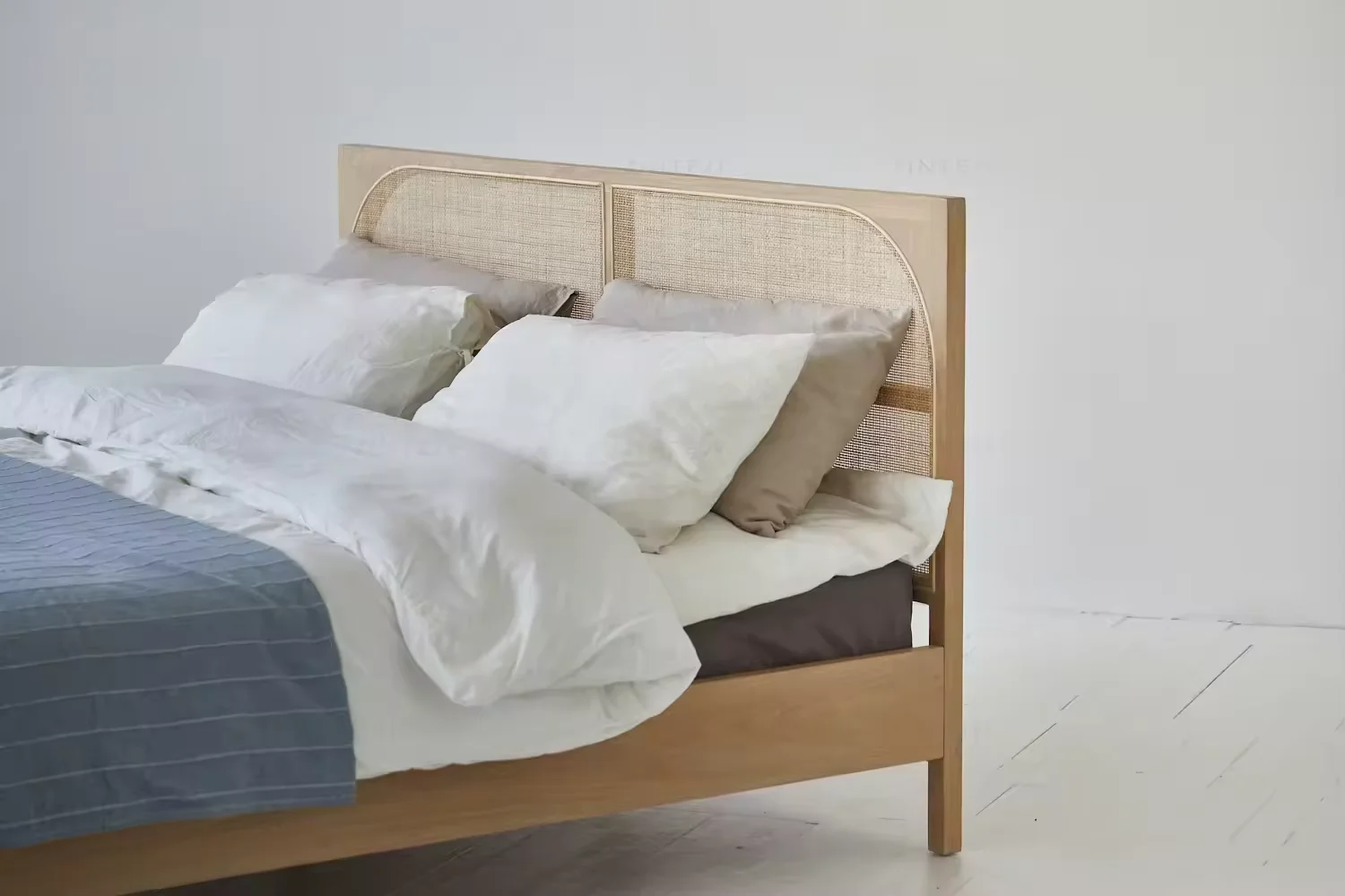 Modern boho wabi sabi eco-friendly solid oak rattan bedroom furniture wooden bed and sofa bed for home use