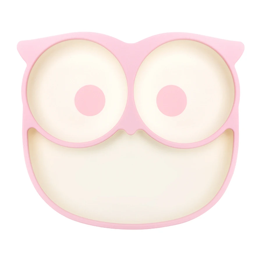 OEM Custom Bpa Free Safety Baby Cartoon Owl Shape Feeding Diveded  Silicone Plate Dining Tableware For Kids