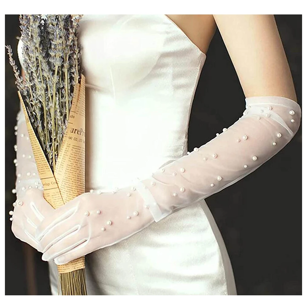Opera Evening Party Sheer Brides Gloves Pearl Women Wedding Long Tulle Bridal Gloves White Finger Lace Gloves