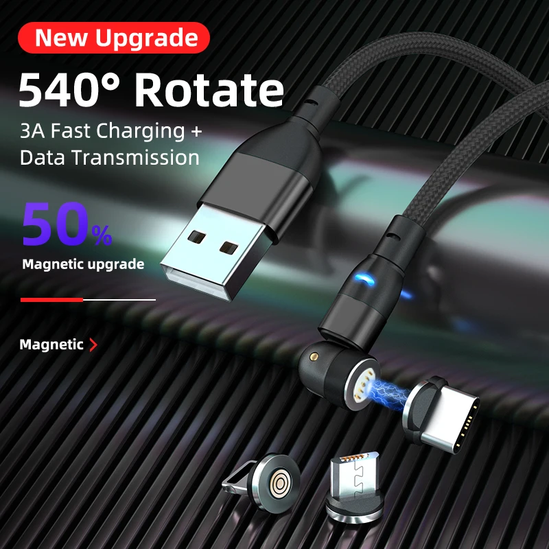 On stock 540 degree rotating magnetic charger 3 in 1 L shape & straight use  magnetic quick Charging data Cable micro usb cable