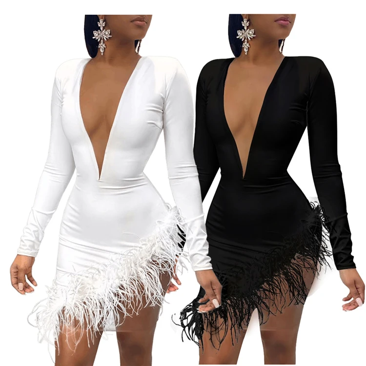 A22 2020 Women sexy dress v neck solid color long sleeve women mini dress feather fashionable wholesale women clothing