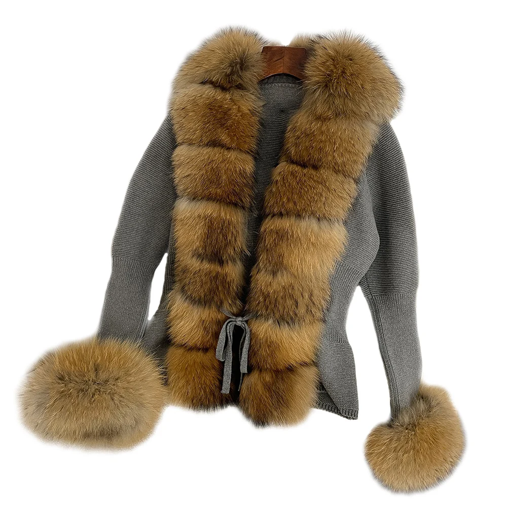 CX-G-A-291A Winter Warm Fur Sweater Women Knitted Belt Coat With Detachable Raccoon Fur Collar Cuffs