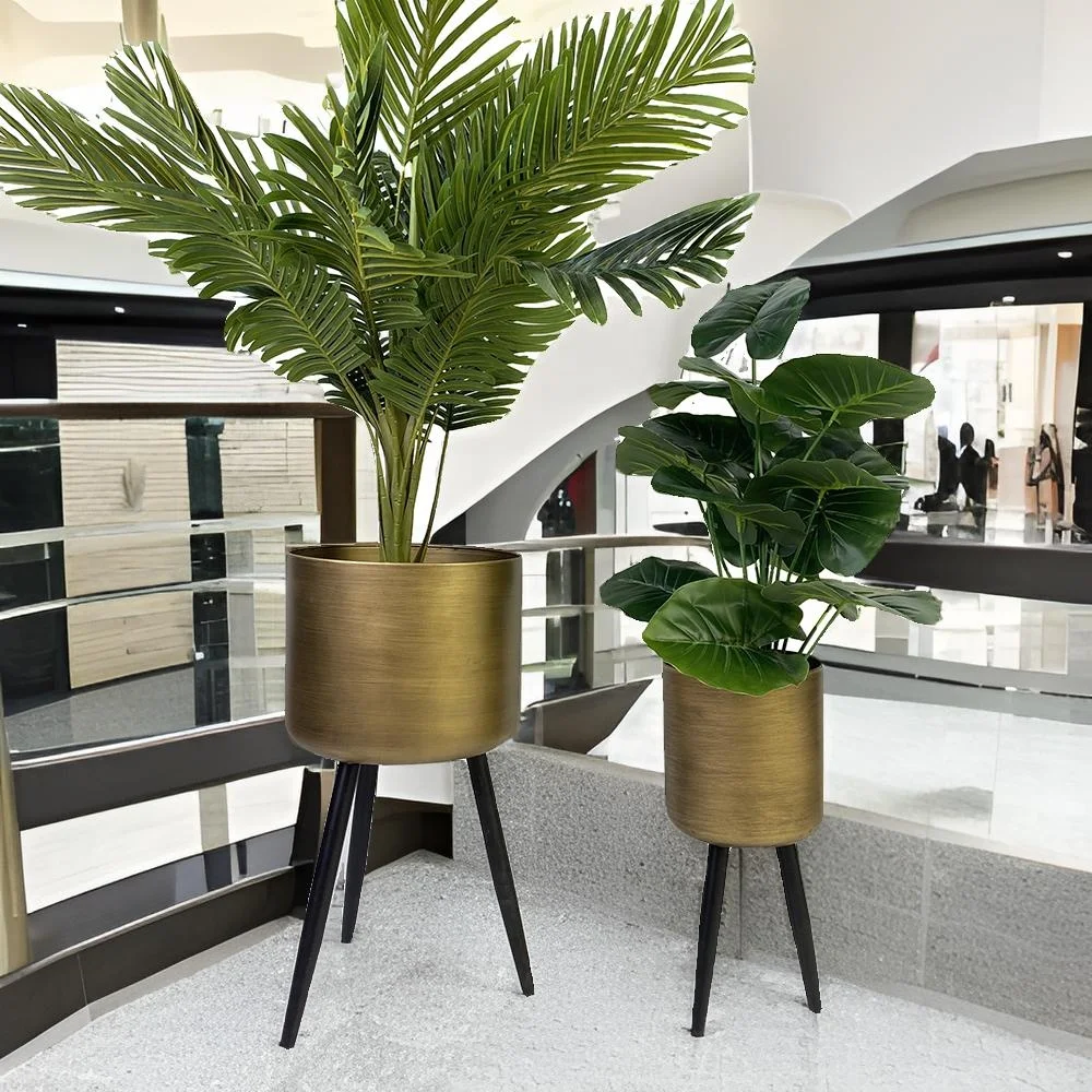 Lander Set of 2 Vintage Metal Plant Stands with Large Floor Pots Indoor Outdoor Decorative Planters