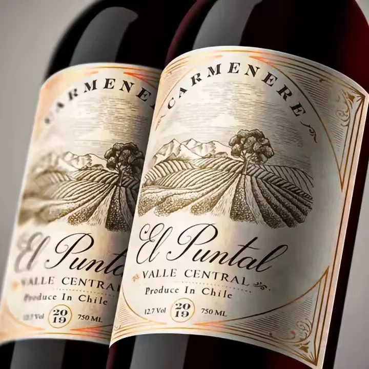 Custom Printed Self-Adhesive Wine Bottle Label with Hot Stamped Silver or Gold UV Logo, Made of Synthetic Paper Material.