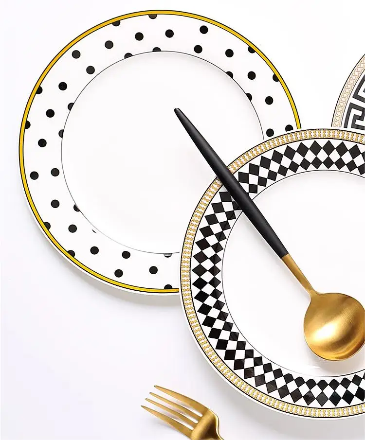 European Luxury Home Wedding Party Fine Dining Bone China Geometric Pattern Dinnerware Tableware Flatware Bowl Dishes & Plates