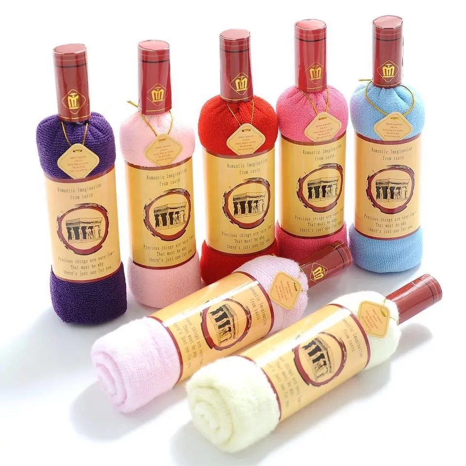 Fast Shipping 35x75cm Cotton Fiber Wine Bottle Shape Cake Towel in Opp Gift Bag Souvenir Towels
