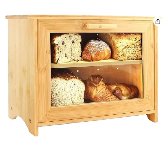 Bamboo Bread Box for Kitchen Countertop Double Layer Bread Storage Bin with Clear Windows Rustic Farmhouse Style Bread Bin