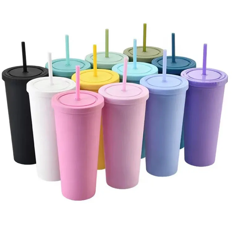 new multicolor 16 oz plastic water cup. Acrylic water bottle without Bpa. Matte double wall tumbler with lid and straw