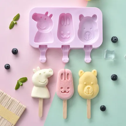 New Design pig shape rabbit bear 3 holes Popsicle maker Silicone Ice Cream Molds