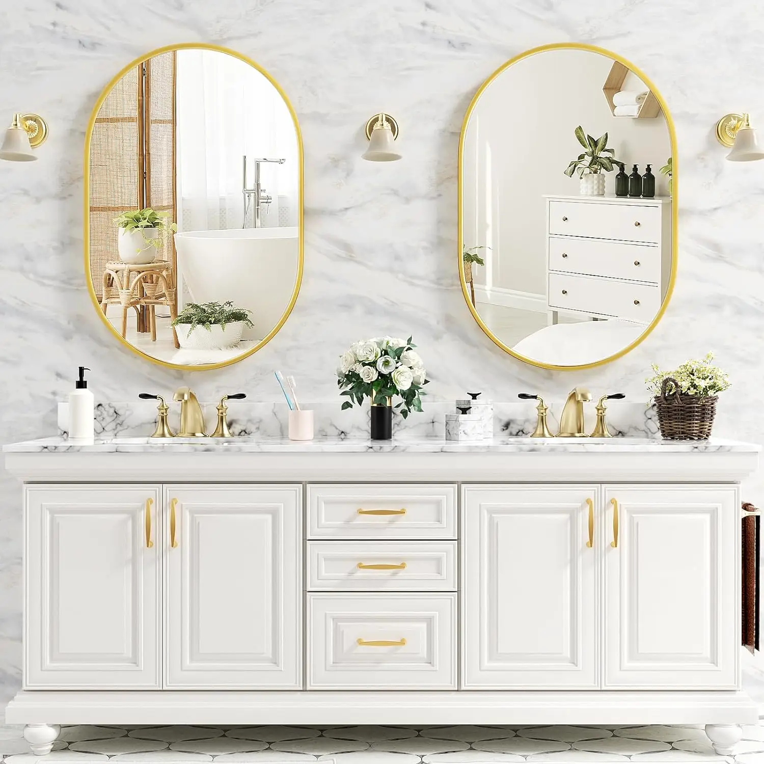 Decorative bathroom mirror oval gold metal framed mirror wall mounted vanity mirror for bathroom