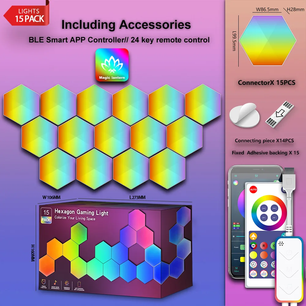 reasonable sale hexagon wifi night light rgbic magic color 15pcs patchable smart led wall light
