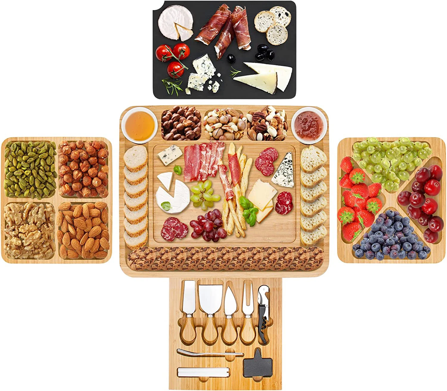 Wholesale Bamboo Cheese Board With Cheese Knives Black Slate Labels Wine Opener Ceramic Bowls