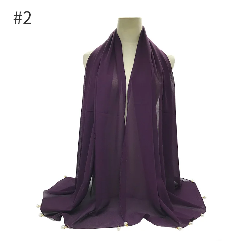 Лидер продаж, однотонный шифоновый женский хлопковый головной платок с жемчугом, хиджаб для женщин, мусульманский